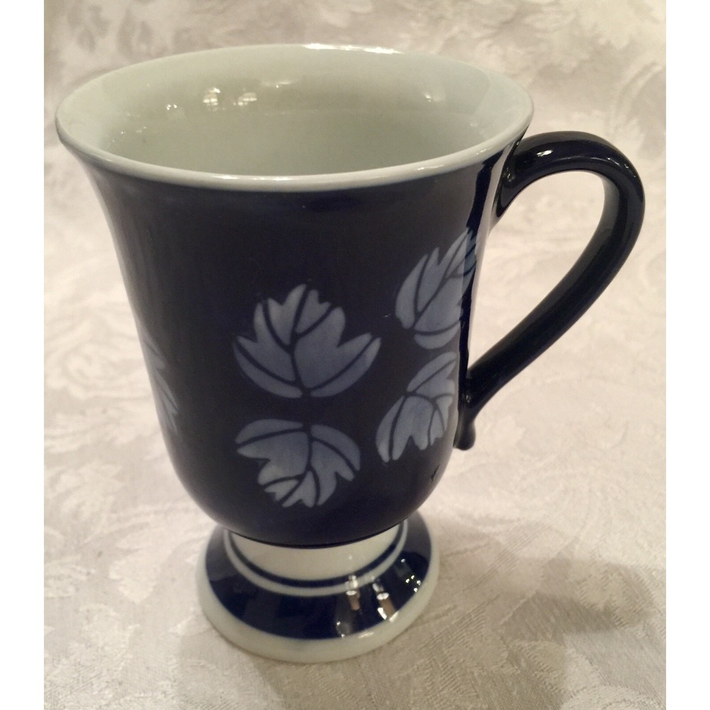 Leaf Pattern Coffee Tea Cup Mug Cobalt Blue White 4 3/4"H  Pedestal Designpac